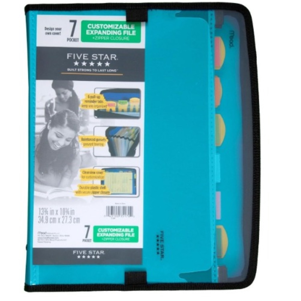 Five Star Expanding File Folder Zipper 7 Pocket Expandable Blue Classroom